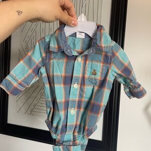 3/$12 Baby Plaid Button-Up Onesie in Teal & Navy with Orange Accents